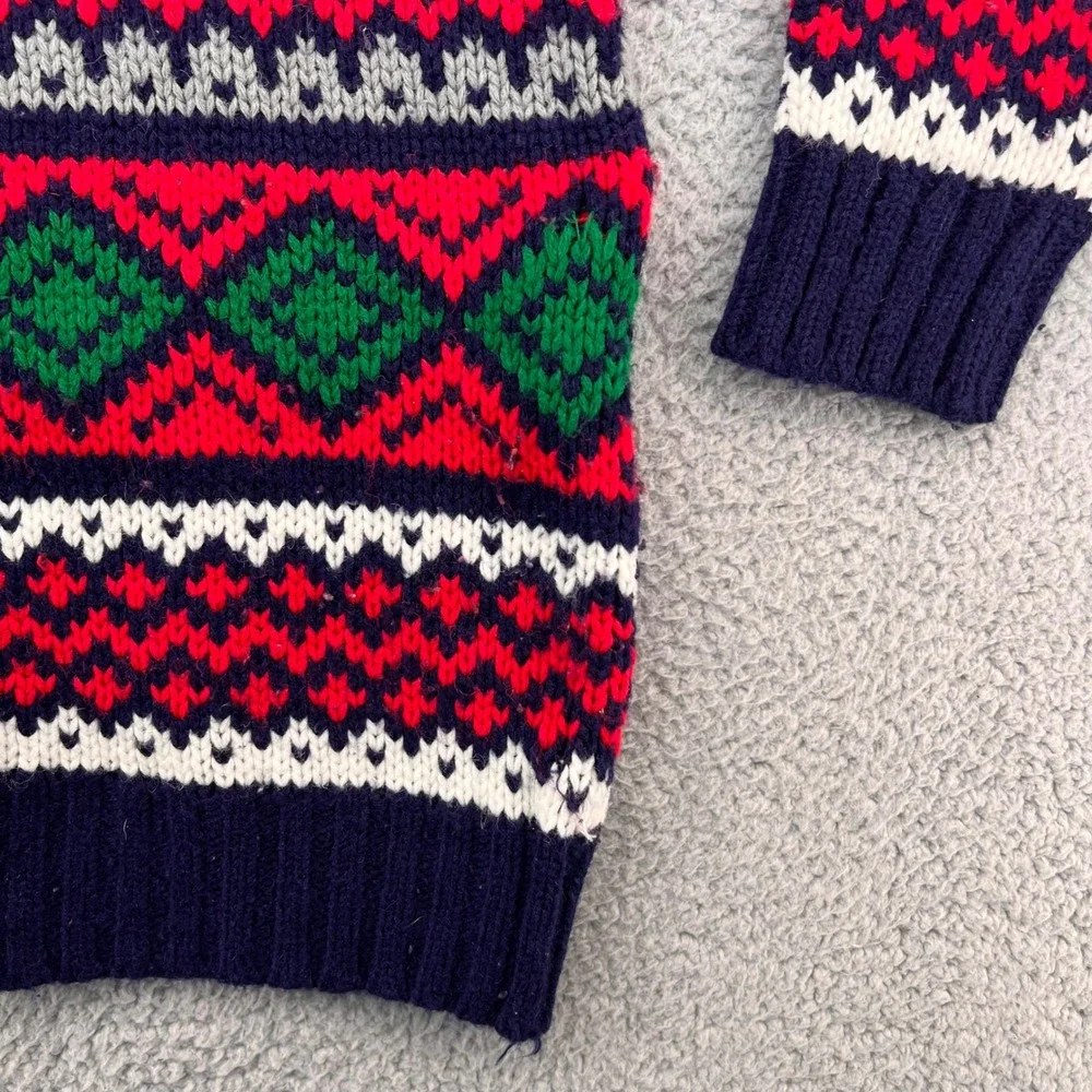 Bravo Handknits Fair Isle Sweater Mens Medium Red Navy Blue Acrylic Crew Neck